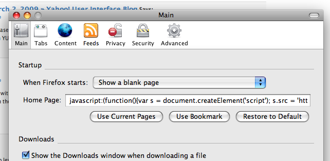 Setting the Home to a javascript bookmarklet in Firefox