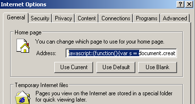 Internet Explorer - setting the Home button to a javascript bookmarklet