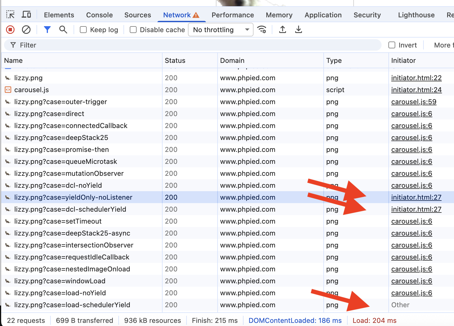 Chrome DevTools Network panel showing the initiator column with cache enabled