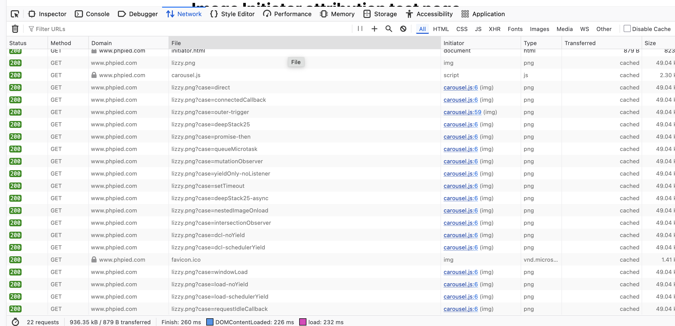 Firefox Network panel showing the initiator column with cached responses