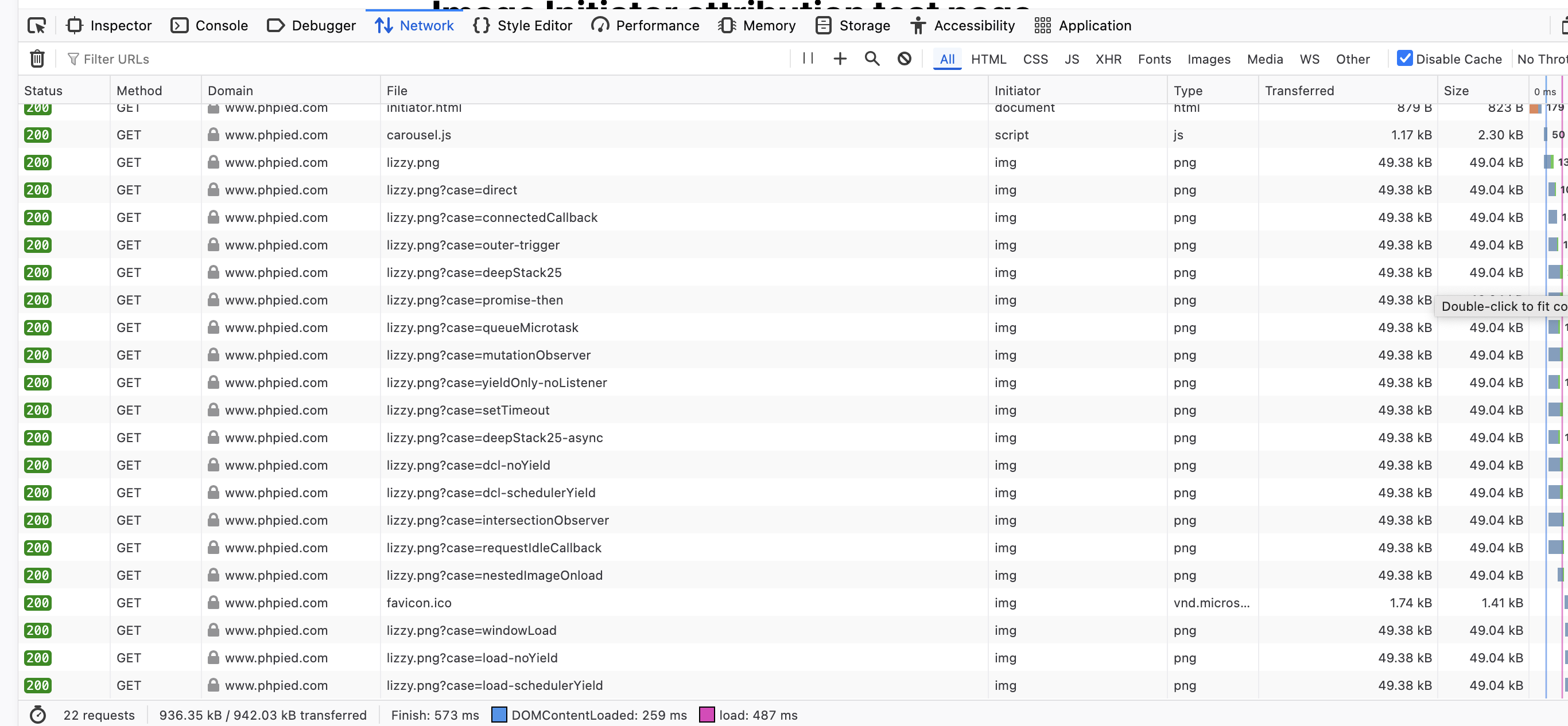 Firefox Network panel showing the initiator column with uncached responses